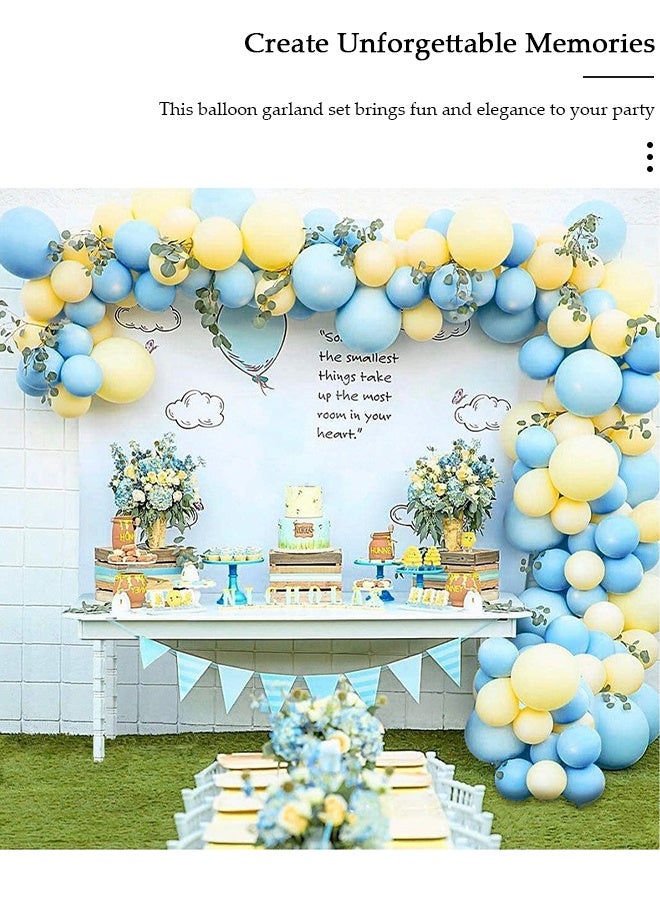 DUNISO طقم قوس بالونات 102 قطعة، مجموعة بالونات لاتكس زرقاء وصفراء لتزيين خلفيات حفلات الزفاف وأعياد الميلاد وحفلات افتتاح المدارس - Image 4