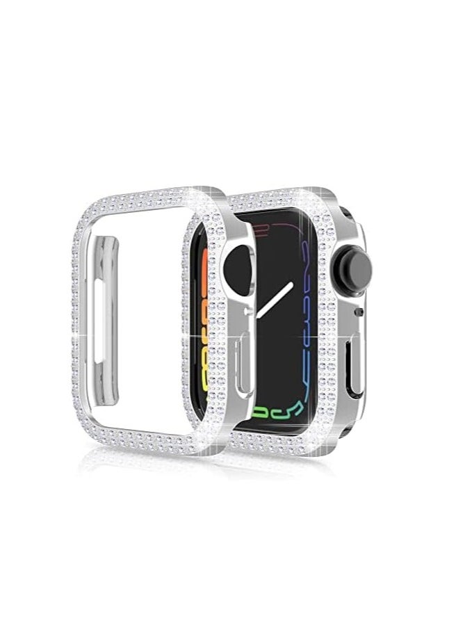 Generic - Case Compatible with Apple Watch Series 7 45mm Cover, Double Row Bling Crystal Diamonds Protective Cover PC Plated Bumper Frame Accessories (Silver, 45mm) - Image 1
