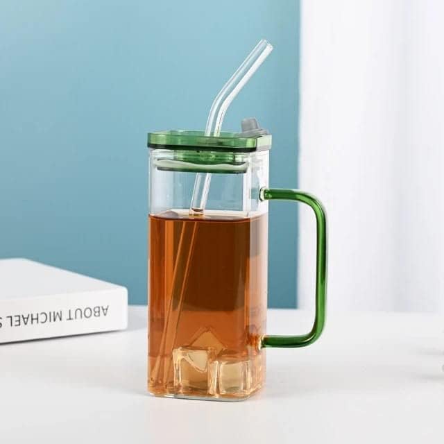 BLISS START Glass Straw and LidsSquare Shaped Glass Mason jar with Handle Glasses Ideal for Tumbler Cup Iced Coffee Cocktail Soda Beer Juice380 ML 1 Pcs - Image 1