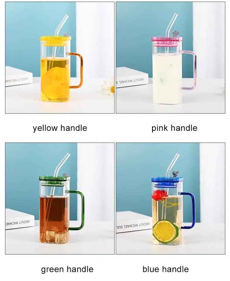 BLISS START Glass Straw and LidsSquare Shaped Glass Mason jar with Handle Glasses Ideal for Tumbler Cup Iced Coffee Cocktail Soda Beer Juice380 ML 1 Pcs - Image 5