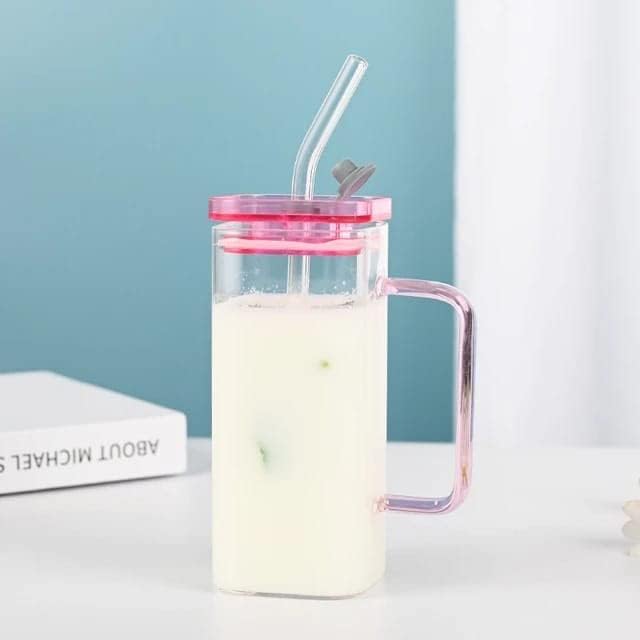 BLISS START Glass Straw and LidsSquare Shaped Glass Mason jar with Handle Glasses Ideal for Tumbler Cup Iced Coffee Cocktail Soda Beer Juice380 ML 1 Pcs - Image 4