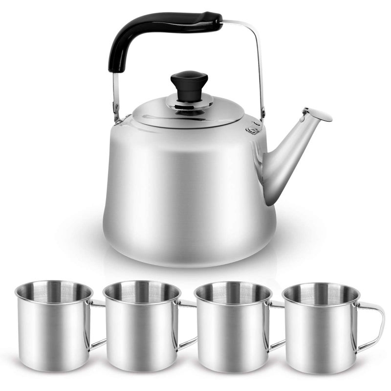 Odoland 4L Camping Kettle Set with 4 Cups, Durable Stainless Steel Camp Tea Coffee Water Pot with 4 Mugs for Hiking, Backpacking, Outdoor Camping and Picnic, Carrying Bag Included - Image 1