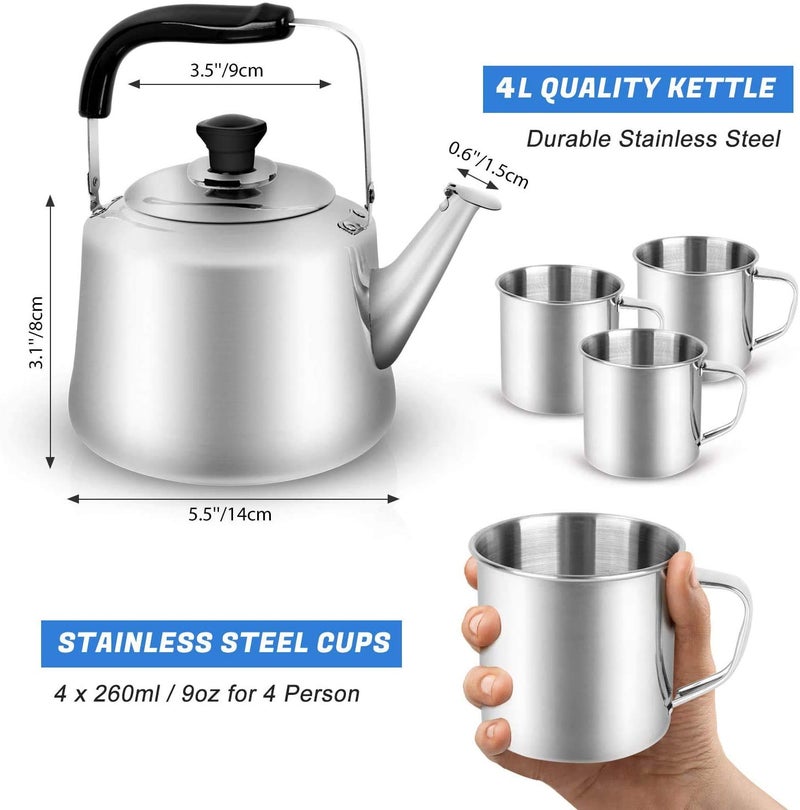 Odoland 4L Camping Kettle Set with 4 Cups, Durable Stainless Steel Camp Tea Coffee Water Pot with 4 Mugs for Hiking, Backpacking, Outdoor Camping and Picnic, Carrying Bag Included - Image 2