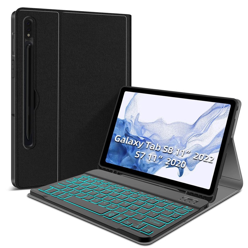 JUQITECH Smart Detachable Wireless Backlit-Keyboard Case with Backlit Keyboard & S Pen Holder for Samsung-Galaxy-Tab S7 11 SM-T870/T875 2020 Tablet [Black] - Image 1