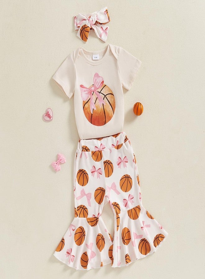 Mobbdow Basketball Baby Girl Outfit Newborn Basketball Bow Short Sleeve Romper Flare Pants Headband Set 3Pcs Summer Outfits (Apricot, 0-3 Months) - Image 4