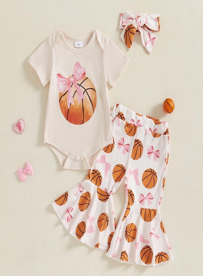 Mobbdow Basketball Baby Girl Outfit Newborn Basketball Bow Short Sleeve Romper Flare Pants Headband Set 3Pcs Summer Outfits (Apricot, 0-3 Months) - Image 2