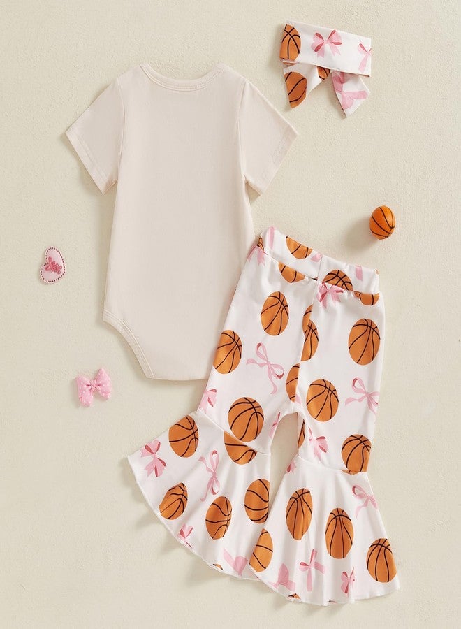 Mobbdow Basketball Baby Girl Outfit Newborn Basketball Bow Short Sleeve Romper Flare Pants Headband Set 3Pcs Summer Outfits (Apricot, 0-3 Months) - Image 3