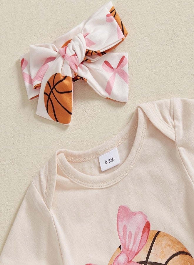 Mobbdow Basketball Baby Girl Outfit Newborn Basketball Bow Short Sleeve Romper Flare Pants Headband Set 3Pcs Summer Outfits (Apricot, 0-3 Months) - Image 5