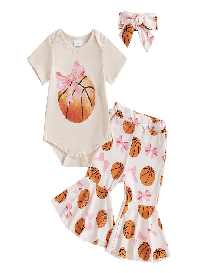 Mobbdow Basketball Baby Girl Outfit Newborn Basketball Bow Short Sleeve Romper Flare Pants Headband Set 3Pcs Summer Outfits (Apricot, 0-3 Months) - Image 1