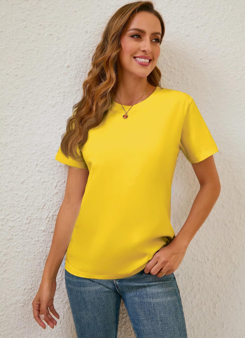 BJY 100% Cotton Women's Yellow Short Sleeve Crew Neck T-Shirt, Regular Fit Casual T Shirt Tops, Basic Tees, Tshirt, Tshirt - Image 4