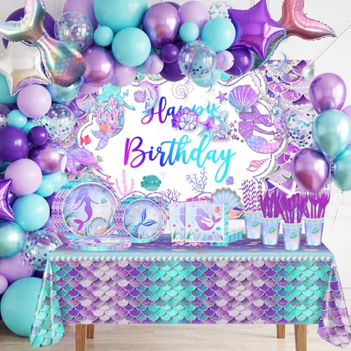 Avezano 321 PCS Mermaid Birthday Party Supplies Includes Disposable Paper Plates Cups Napkins Tablecloth Banner Balloon Arch Kit for Girls Women Mermaid Party Decorations Serves 24 - Image 1
