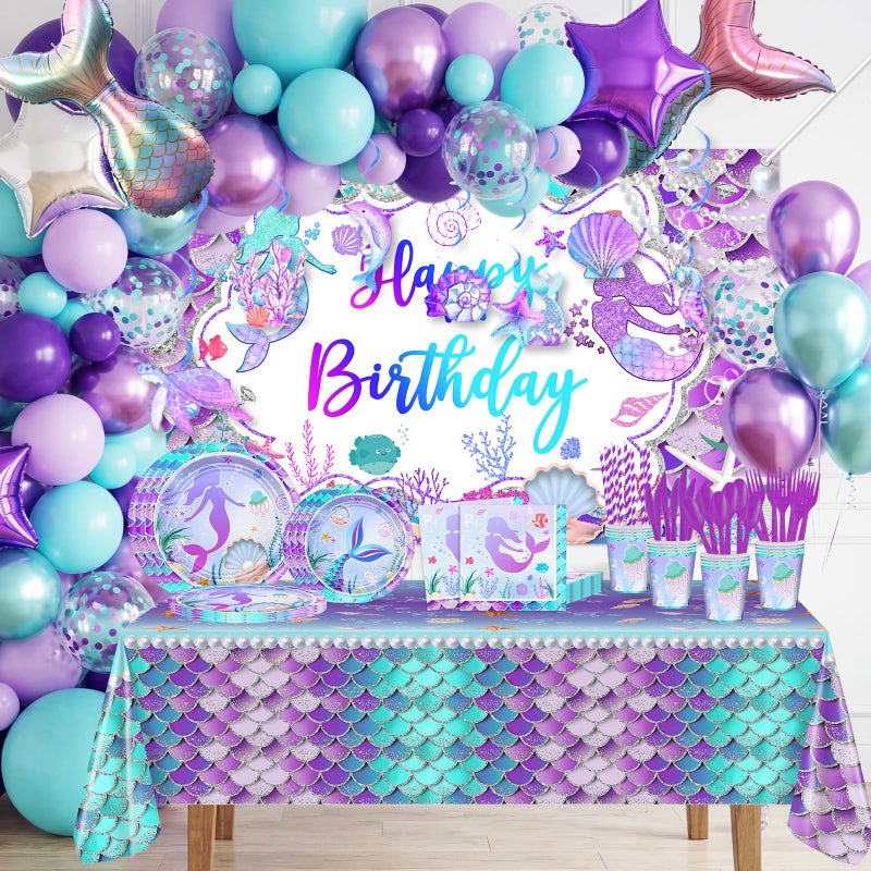 Avezano 321 PCS Mermaid Birthday Party Supplies Includes Disposable Paper Plates Cups Napkins Tablecloth Banner Balloon Arch Kit for Girls Women Mermaid Party Decorations Serves 24 - Image 2