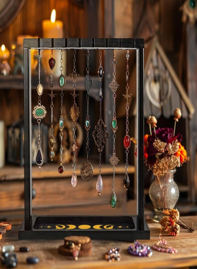 BEUNITONE Wooden Pendulum Crystal Display Holder Wood Pendulum Display Stand Moon Phase and Cat Witch Organiser for Incense Necklace Stone - Image 3