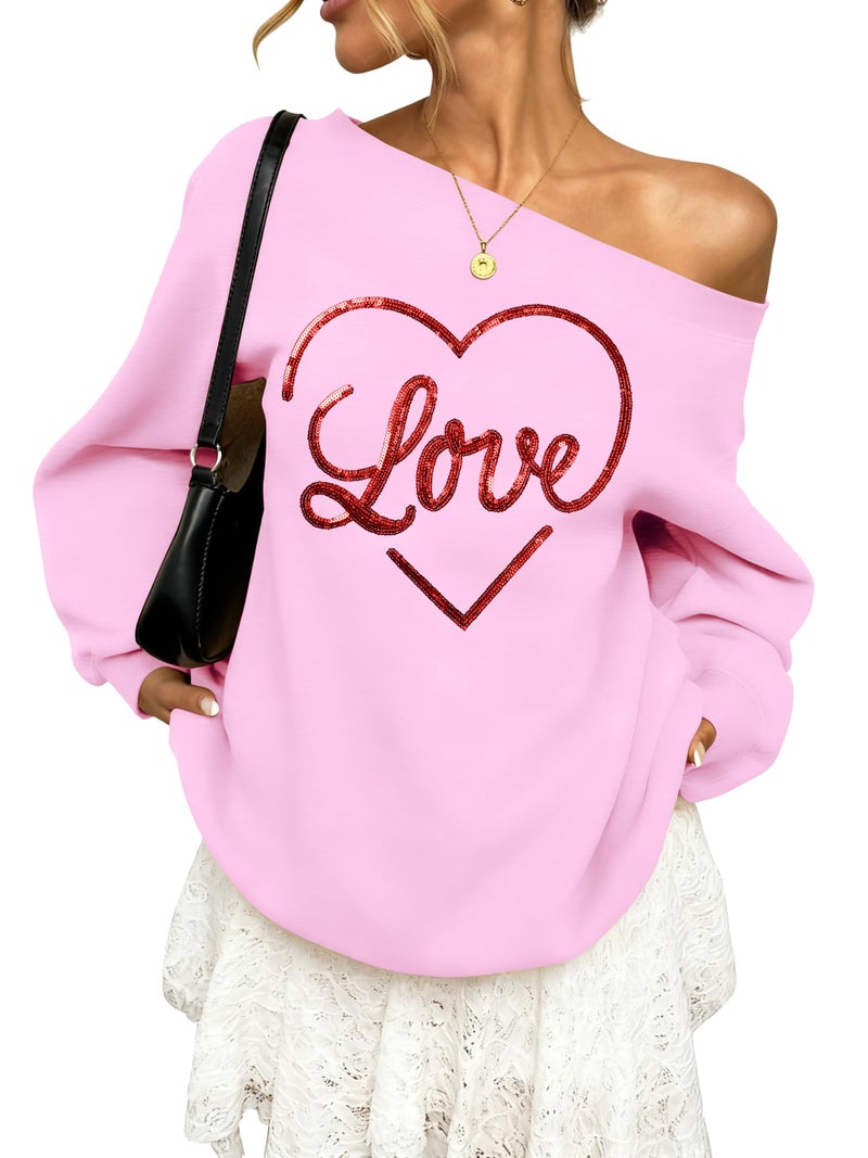BANGELY Valentines Off Shoulder Sweatshirt Women Love Heart Long Sleeve Shirt Casual Oversized Sweatshirts Fashion Sequin Top Pink - Image 1
