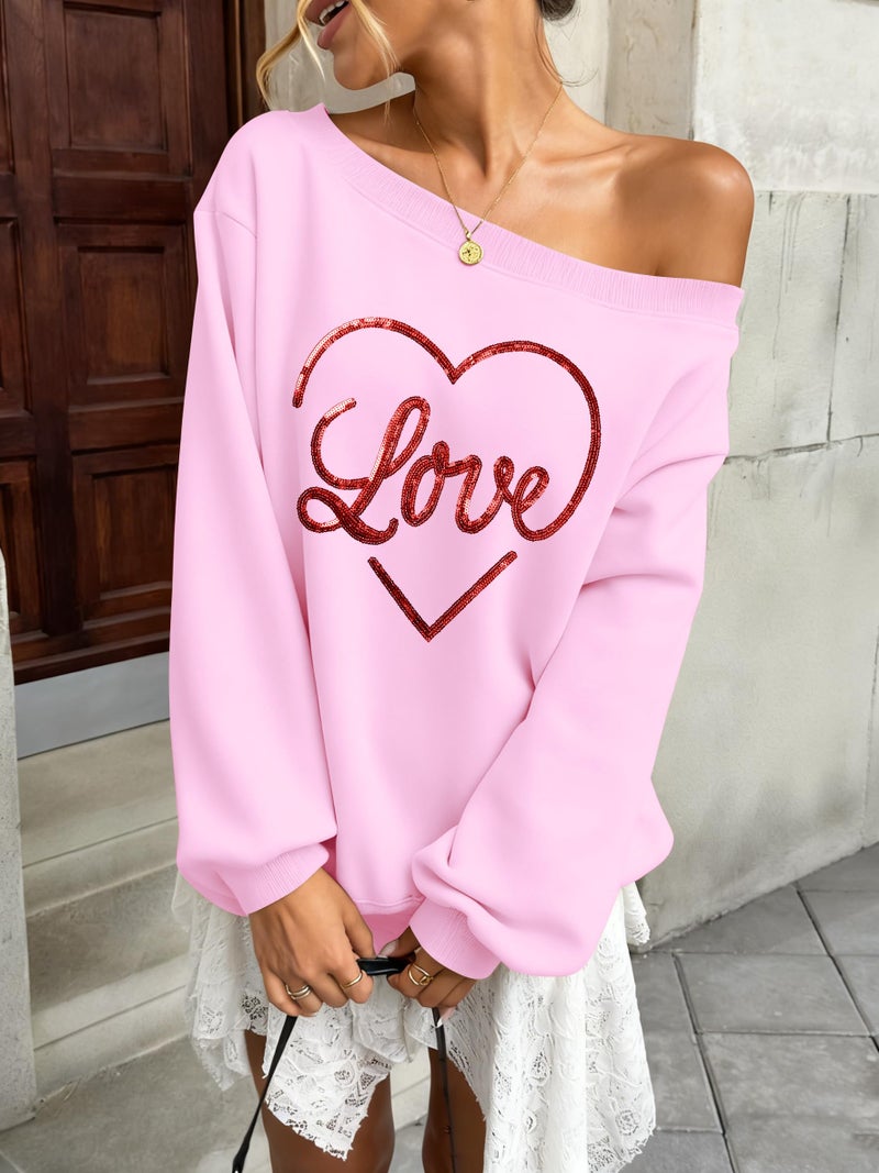 BANGELY Valentines Off Shoulder Sweatshirt Women Love Heart Long Sleeve Shirt Casual Oversized Sweatshirts Fashion Sequin Top Pink - Image 2