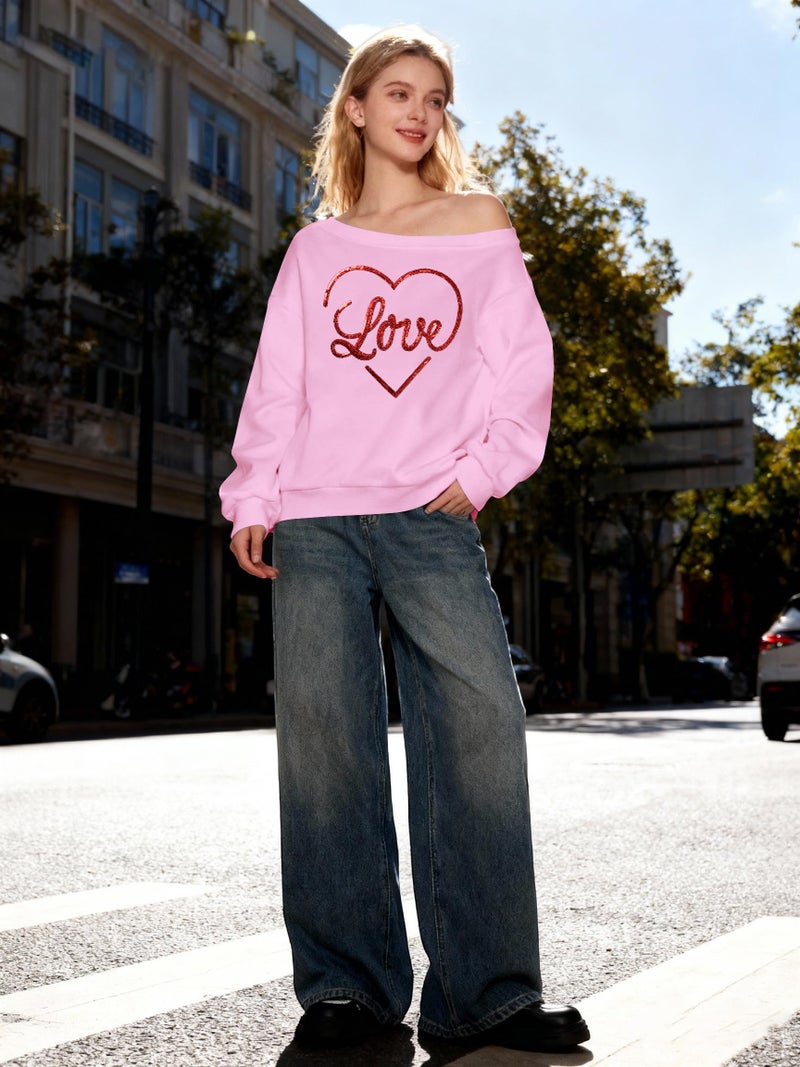 BANGELY Valentines Off Shoulder Sweatshirt Women Love Heart Long Sleeve Shirt Casual Oversized Sweatshirts Fashion Sequin Top Pink - Image 3