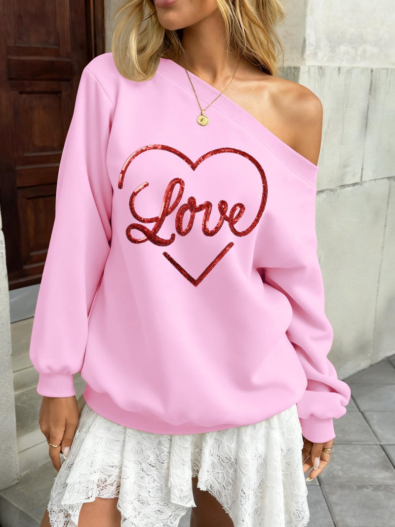 BANGELY Valentines Off Shoulder Sweatshirt Women Love Heart Long Sleeve Shirt Casual Oversized Sweatshirts Fashion Sequin Top Pink - Image 4