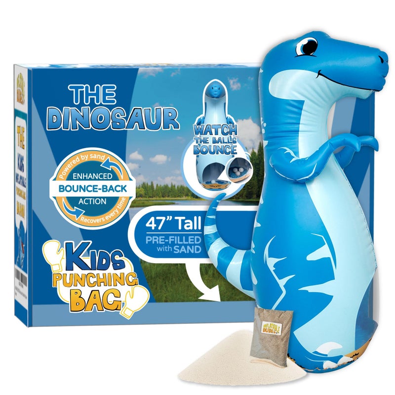 INFLATABLE DUDES Dinosaur Toy 47 Inches Kids Punching Bag Already Filled with Sand Bop Bag Blue Velociraptor Punching Bag for Kids Dinosaur Birthday Decorations 3 White Balls Inside Vee