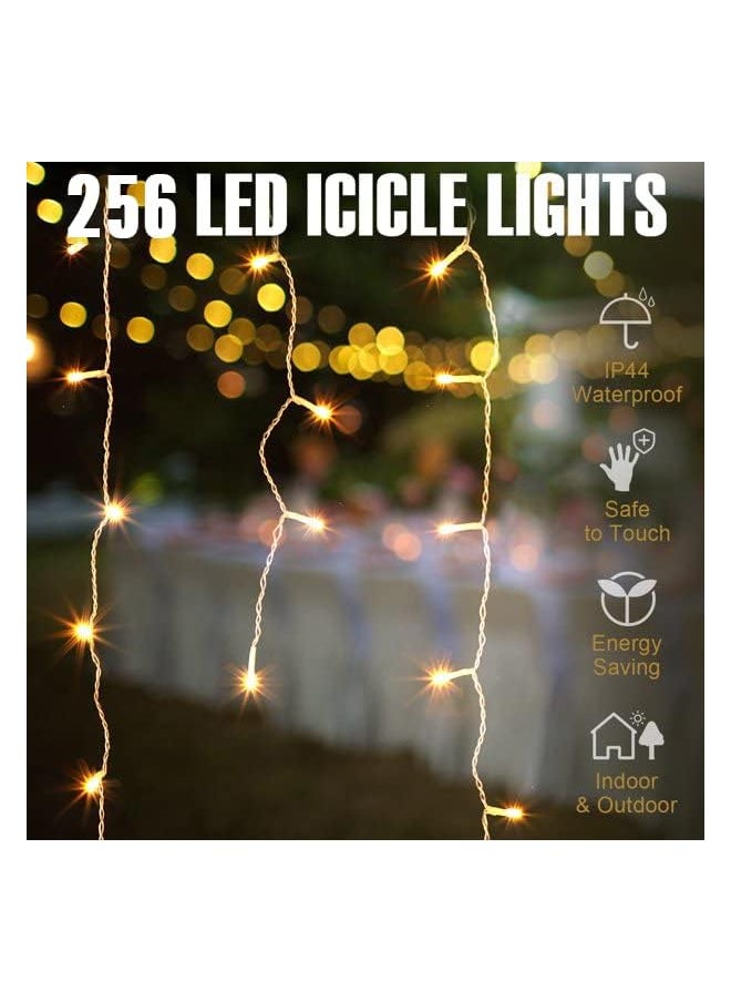 The Bros 16.4ft 256 LEDs Solar Icicle String Lights 8 Modes Waterproof Icicle Christmas Lights Outdoor Curtain Fairy Lights, Window Bedroom Wedding LED Waterfall Decorations Lights  - Image 4