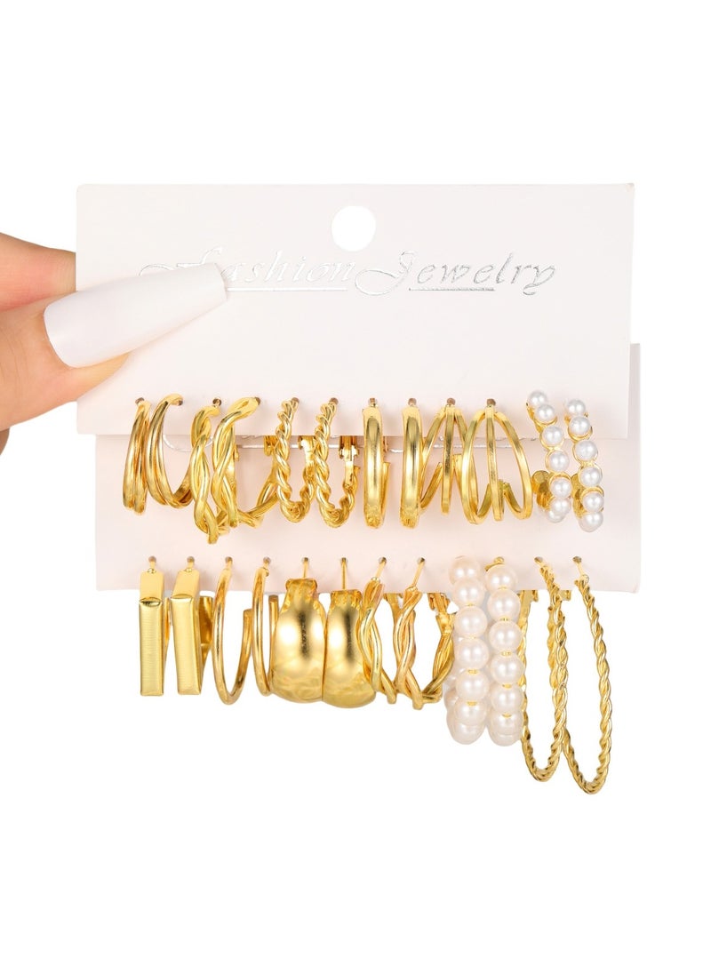 Huitich Elegant 12 Pcs Gold Colour Hoop & Pearl Earring Set  - Image 1