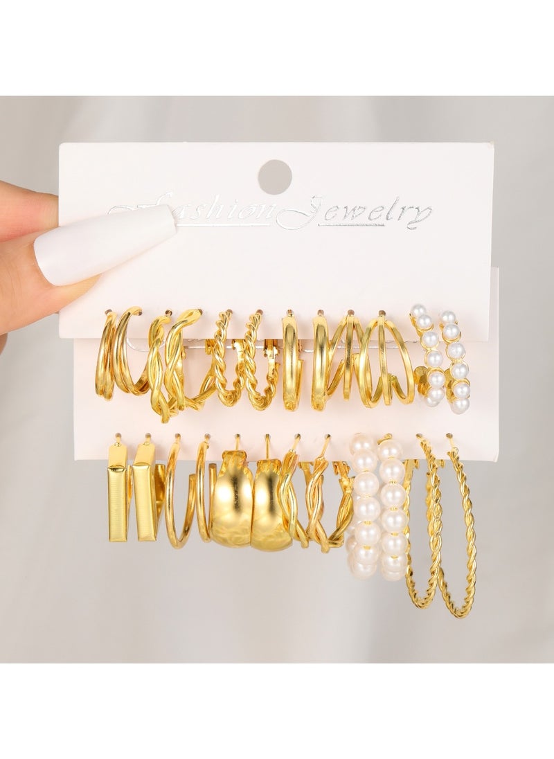 Huitich Elegant 12 Pcs Gold Colour Hoop & Pearl Earring Set  - Image 5