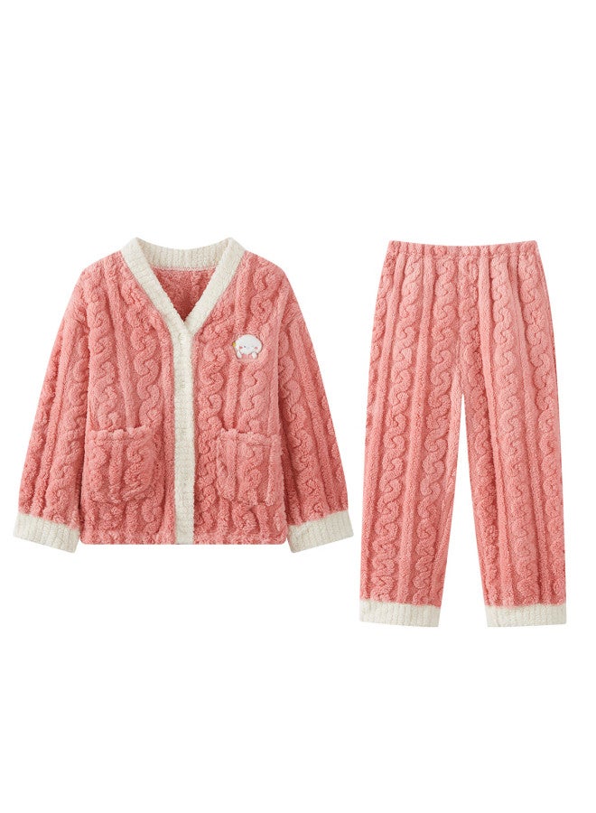 Deesha Thickened Double-sided Flannel Girls' Fleece Cardigan Set Spring Autumn Winter Homewear Pajamas Pants Outerwear - Image 2