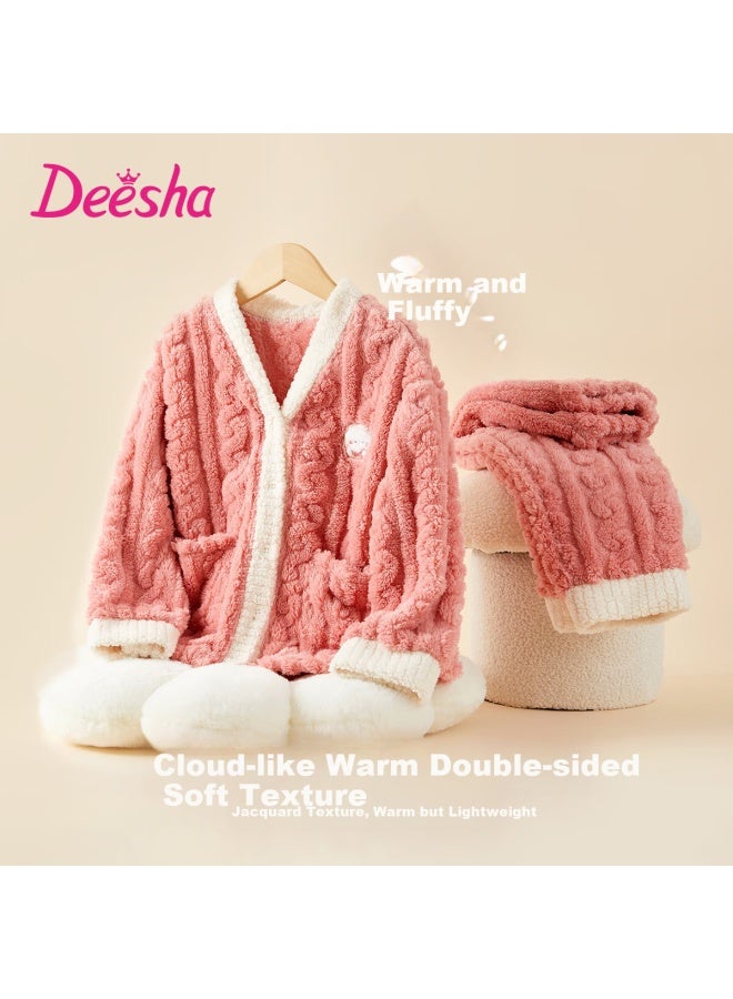 Deesha Thickened Double-sided Flannel Girls' Fleece Cardigan Set Spring Autumn Winter Homewear Pajamas Pants Outerwear - Image 1
