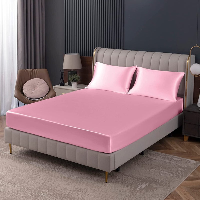 Homiest Pink Satin Fitted Sheet Twin XL Size Fitted Bed Sheet  Deep Pocket Fitted Sheet Only  Luxury & Ultra Soft Bedding Fitted Sheet Single Bottom Bed Sheets Sold Separately - Image 1
