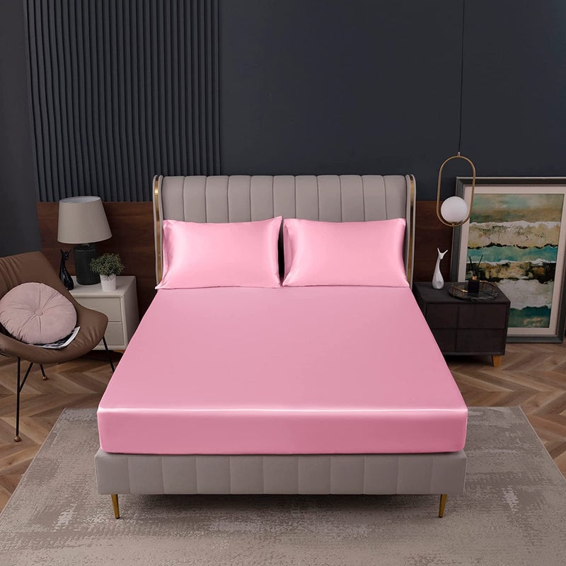 Homiest Pink Satin Fitted Sheet Twin XL Size Fitted Bed Sheet  Deep Pocket Fitted Sheet Only  Luxury & Ultra Soft Bedding Fitted Sheet Single Bottom Bed Sheets Sold Separately - Image 2
