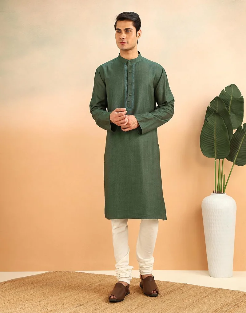 فاب انديا Green Viscose Silk Long Kurta