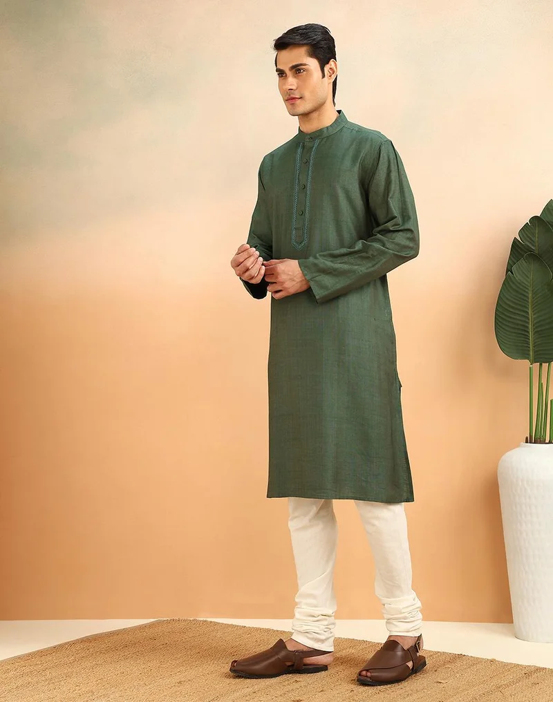 Fabindia  Green Viscose Silk Long Kurta for Men | Best Price UAE
