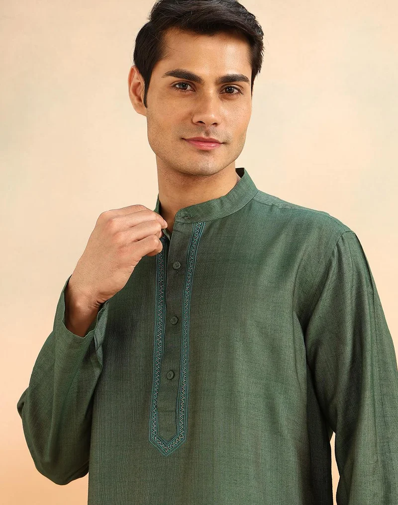 Fabindia  Green Viscose Silk Long Kurta for Men | Best Price UAE
