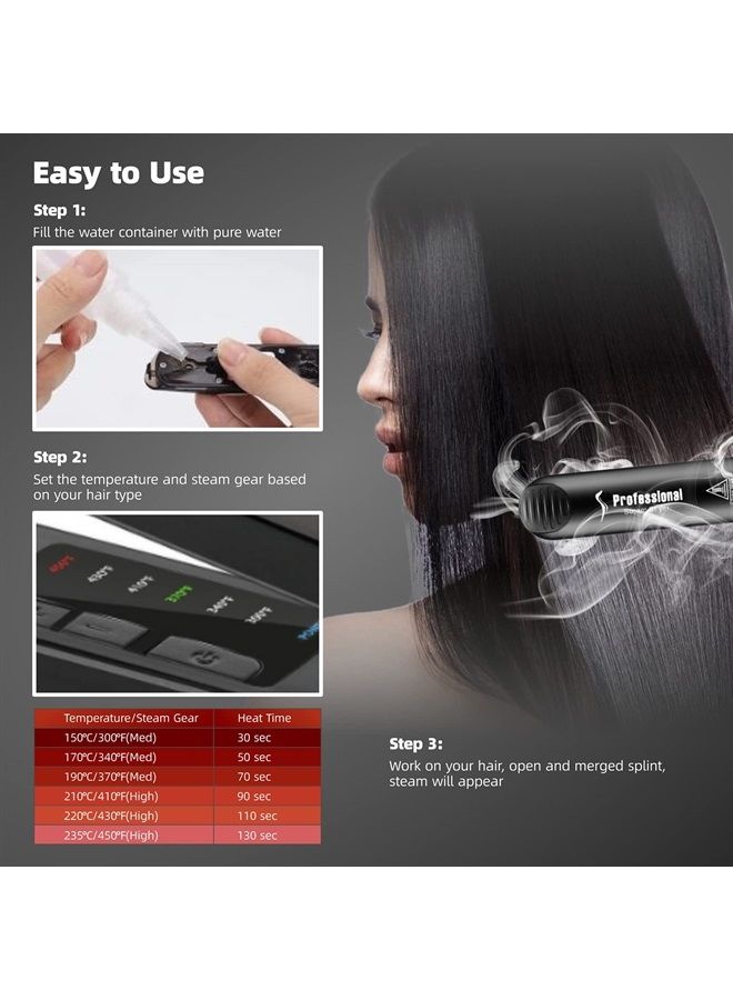 DORISILK Steam Straighteners for Hair, Professional Salon Ceramic Tourmaline Vapor Steam Flat Iron Hair Straightener and Curler 2 in 1 Straightening Curling Iron, Dual Voltage LED Display Control Temp - Image 2