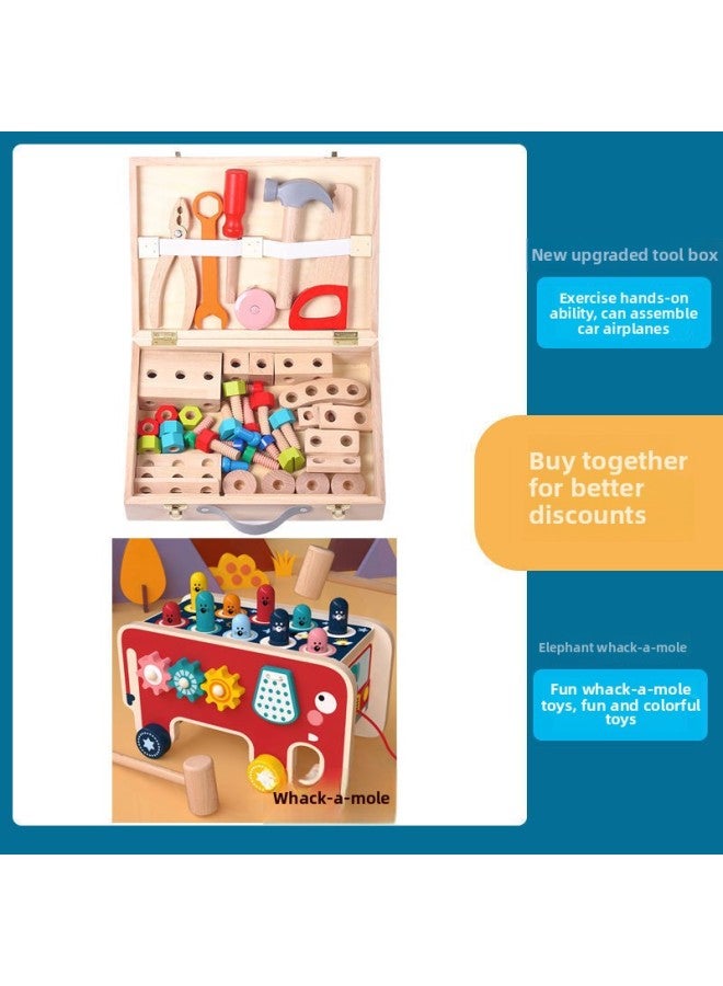 Toolbox Children's Early Education Building Blocks 2-year-old Baby 3-year-old Boy Screw Screw Combination Disassembly And Suit Educational Toys-Color:# 1264 Wooden Box + Elephant Whack-a-mole Toy  - Image 1