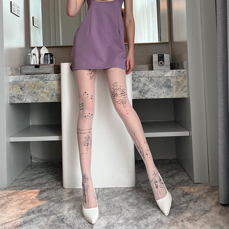 2022 Spring Summer Chic Lotus Jacquard Sheer Tights for Women Milky White Print