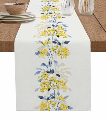 Burlap Linen Table Runner 90 Inch Long Spring Burning Blue Floral Filling Kitchen Dining Table Runner Dresser Scarves Flowers Beige Farmhouse Decor for Coffee Table Wedding Party Banquet