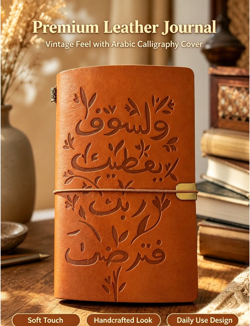 دفتر ملاحظات فاخر من الجلد البني مزين بالخط العربي، يحتوي على 30 صفحة مسطرة و30 صفحة فارغة، مزود بشريط مطاطي وحامل بطاقات، مثالي للسفر والدراسة والاستخدام التجاري. - Image 1