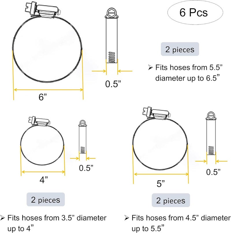 EesTeck 6 Pieces Adjustable 304 Stainless Steel Worm Gear Hose Clamps Water Pipe Clamps Assortment Kit Duct Clamps Pipe Clamp worm drive hose clamps (4" 5” 6") - Image 4