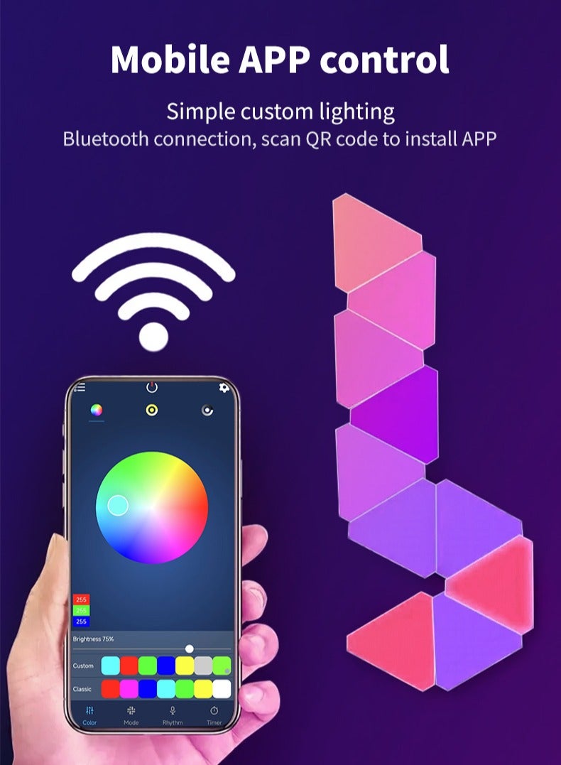10 Pack Triangle LED Light, RGB Gaming Lights for Gaming Setup, DIY Triangle LED Wall Lights with 6 Connection Ports, APP and Remote Controlled, Music Sync for Gaming Room Bedroom Streaming