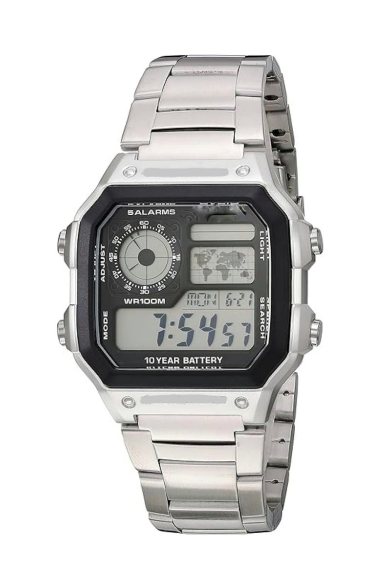 ساعة رقمية للرجال مزودة بخمسة منبهات، مقاومة للماء حتى عمق 100 متر، حزام من الفولاذ المقاوم للصدأ، إضاءة خلفية LED، بطارية تدوم 10 سنوات