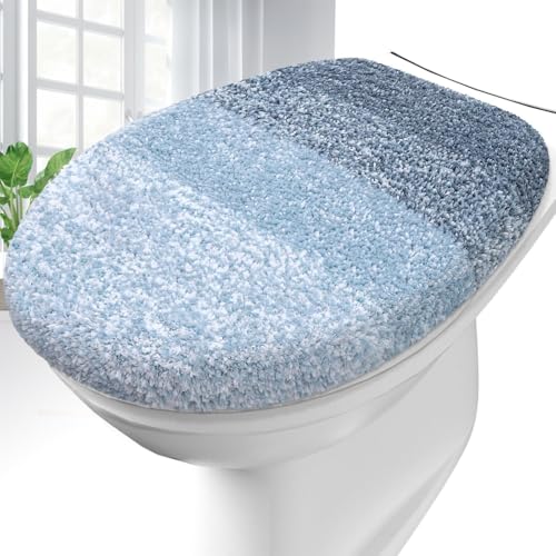 OLANLY Soft Microfiber Bathroom Toilet Lid Cover Machine Washable Covers 175x15 Stays in Place Rubber Backing Fits Most Round Elongated and Oblong Lids Accessories Decor Blue - Image 1