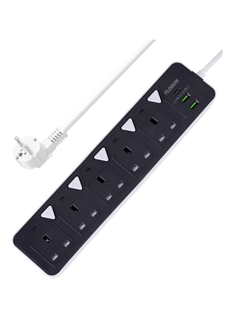 Power Strip 5 Outlets with Individual Switches for Each Outlet, 2500W Power Strip with 2 USB Ports and 1 Type-C Port  - Image 1