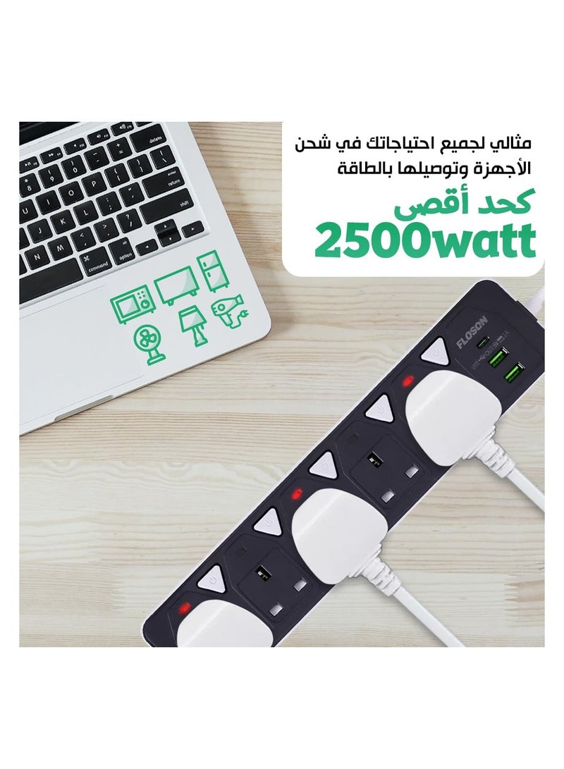 Power Strip 5 Outlets with Individual Switches for Each Outlet, 2500W Power Strip with 2 USB Ports and 1 Type-C Port  - Image 3