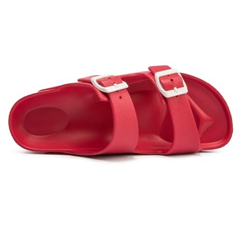 FUNKYMONKEY Women's Comfort Slides Double Buckle Adjustable EVA Flat Sandals (7 M US-Women, Red) - Image 3