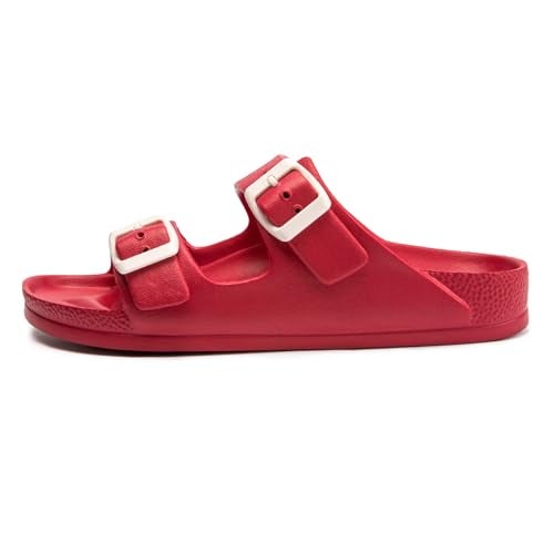 FUNKYMONKEY Women's Comfort Slides Double Buckle Adjustable EVA Flat Sandals (7 M US-Women, Red) - Image 2