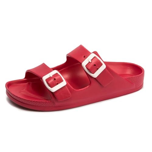 FUNKYMONKEY Women's Comfort Slides Double Buckle Adjustable EVA Flat Sandals (7 M US-Women, Red) - Image 1