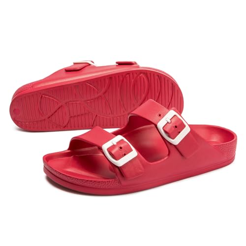 FUNKYMONKEY Women's Comfort Slides Double Buckle Adjustable EVA Flat Sandals (7 M US-Women, Red) - Image 4