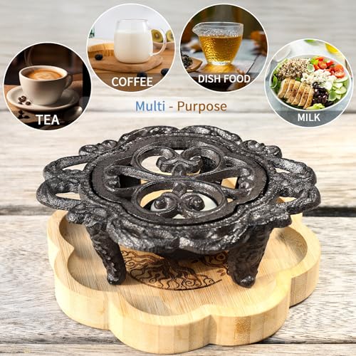 VSPDVO 6.1 Inches Cast Iron Teapot Warmer Dish Cups Trivet,Flower-Shaped Design with Tealight Holder - Heavy Duty & Decorative Candle Holder Stands for Heat Food Coffee Milk or Tea - Image 3