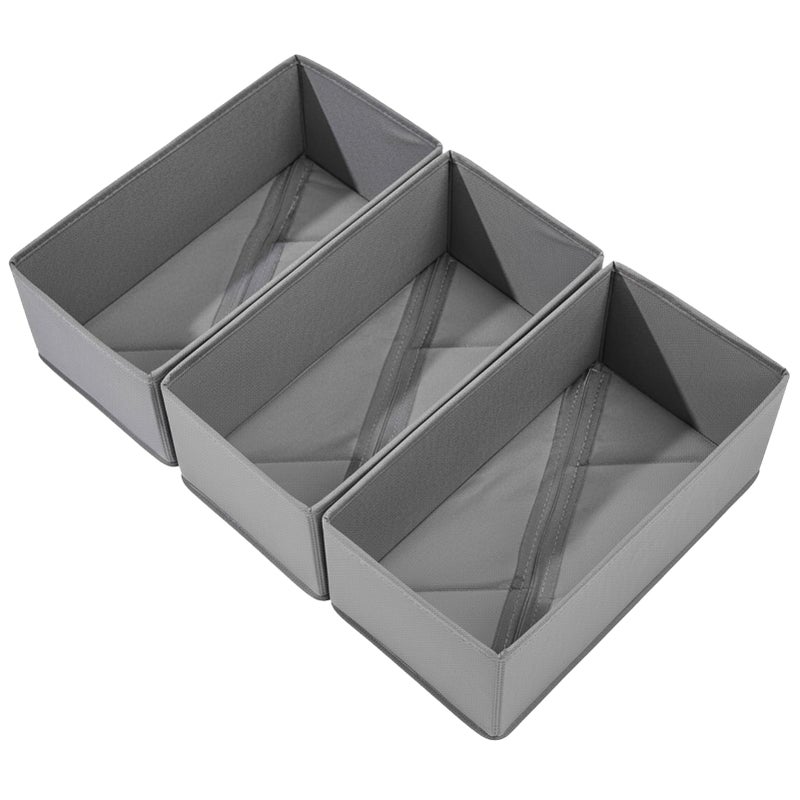 Bructhun Sock Drawer Organizer 3 Pack - Collapsible Fabric Storage Bins for Underwear Divider, Small Closet Organizers with 3 Compartments, Gray - Image 1