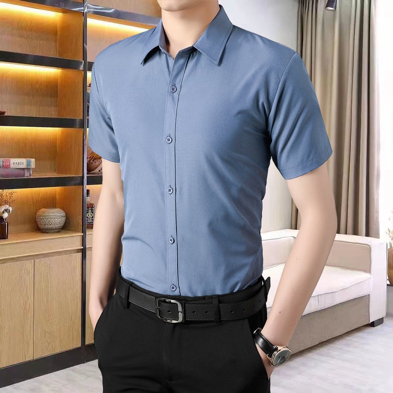 Summer men's short-sleeved shirt, big red zodiac year, solid color, no ironing, slim fit, plus size, half-sleeved professional work shirt - Image 1